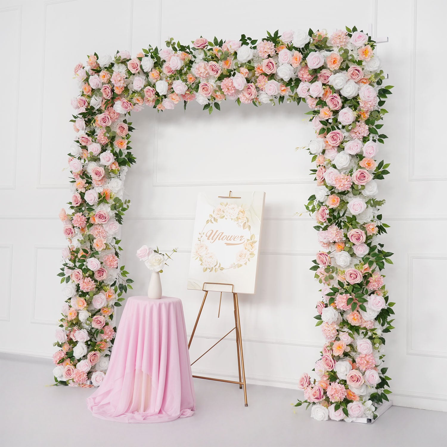 Uflower White Pink Rose Floral Square Arch Wedding Party Backdrop Decoration